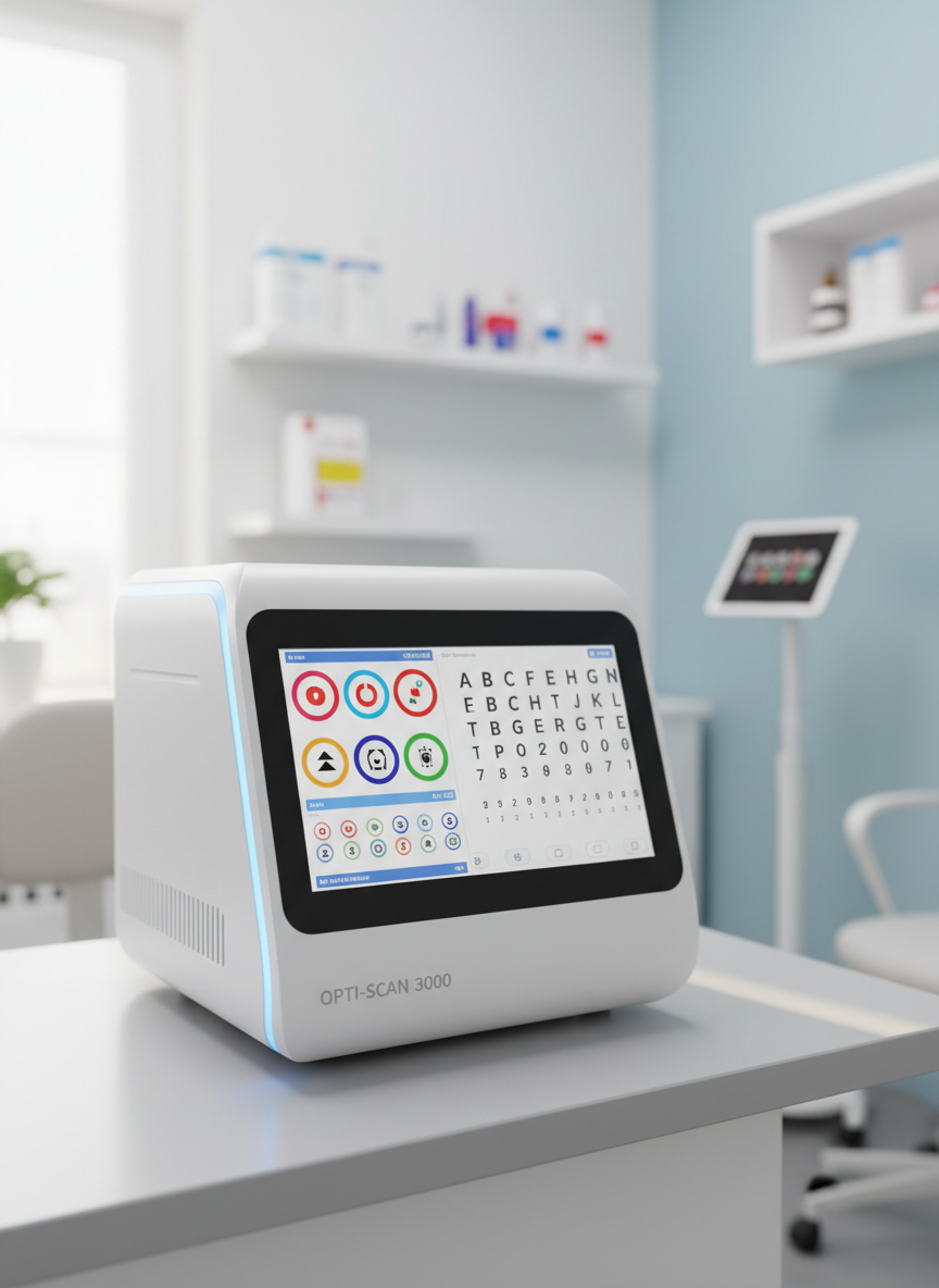 A sleek, state-of-the-art automated vision screening device with a matte white housing and subtle blue accent lights stands on a clean, light gray examination table. A large, sharp display shows colorful vision test charts with clear symbols and high-contrast letters. The background is a bright, modern room with white walls, pastel blue accents, and neatly arranged medical equipment slightly out of focus. Soft, diffused daylight from an unseen window creates gentle reflections on the device’s smooth surfaces. Photographic realism from an eye-level perspective, with a shallow depth of field emphasizing the device as the hero. The atmosphere feels professional, hygienic, and reassuringly high-tech, ideal for preventive eye health.