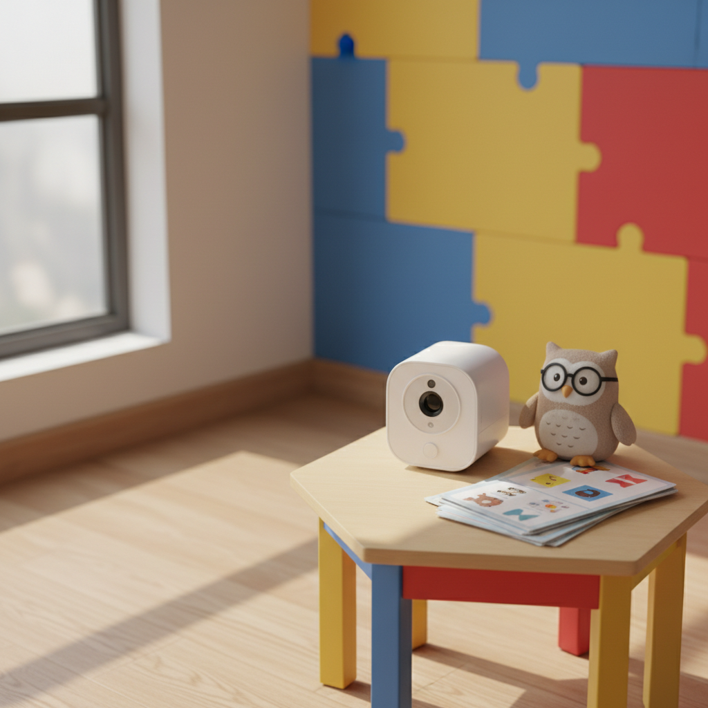 An inviting, well-lit screening corner in a modern kindergarten, without any people, featuring a small, colorful wooden table holding a compact, portable vision screening device in pristine white plastic. Around it are neatly stacked children’s picture-based eye charts, a plush toy owl mascot with embroidered glasses, and bright, primary-colored wall panels. Soft morning sunlight filters through a high window, creating gentle, playful shadows on the light wood floor. Captured in photographic realism at child’s-eye level, the composition uses the rule of thirds to keep the device in focus while the background softly blurs. The mood is warm, friendly, and non-intimidating, conveying that eye tests for children are simple and fun.