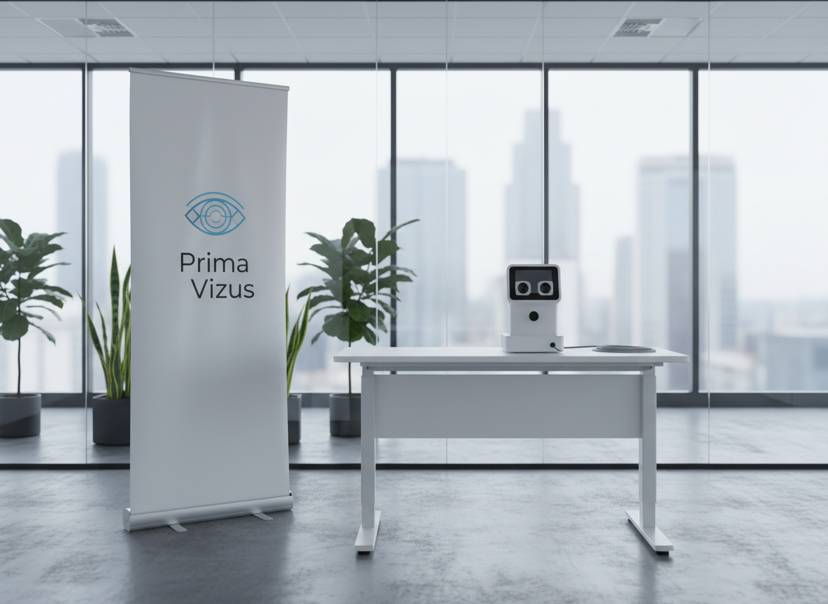 A minimalist corporate wellness area set up for on-site vision screenings, completely empty of people. A sleek white standing banner with the Prima Vizus logo and an abstract eye icon stands beside a height-adjustable table holding a compact digital vision tester and a neatly coiled USB-C cable. In the background, glass office partitions, potted green plants, and a city skyline softly blurred through large floor-to-ceiling windows. Cool, diffused daylight illuminates the scene, reflecting subtly on polished concrete floors. Shot in photographic realism from a slightly elevated angle, the image has a clean, modern aesthetic with balanced composition. The mood is professional, efficient, and calm, underlining quick, contactless tests in a business environment.