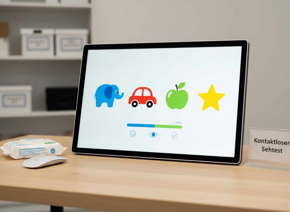 A detailed close-up of a high-resolution screen displaying a pediatric vision test interface: large, colorful optotypes shaped like animals and everyday objects on a crisp white background, with a clear progress bar and simple icons. The monitor’s thin black bezel contrasts with a light birch desk surface where neatly arranged disinfectant wipes, a wireless mouse, and a small acrylic sign reading “Kontaktloser Sehtest” rest. The background is softly blurred, hinting at a school nurse’s room with shelves of neatly labeled boxes. Soft studio-style lighting with no harsh shadows ensures every UI element is legible. Photographic realism with a slightly angled composition creates a focused, trustworthy, and user-friendly atmosphere.